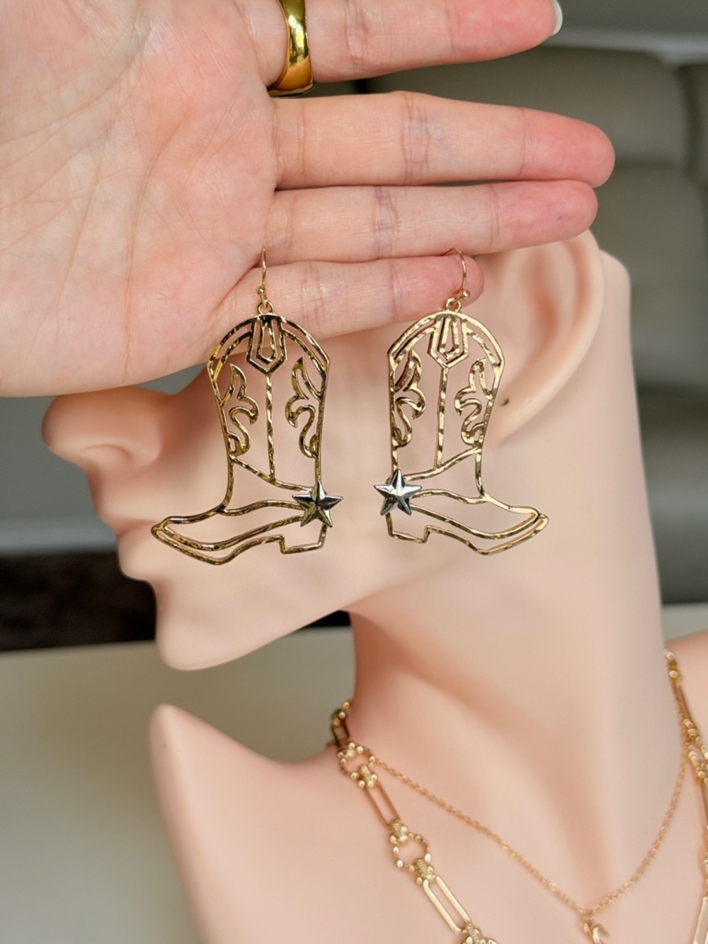 Trendy Minimalist Gold and Silver Cowboy Boot Earrings - Picture 11 of 13
